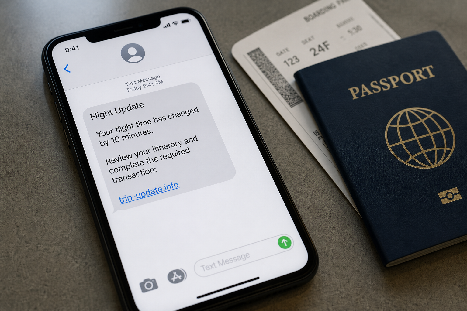 Fake Flight Update Text Scam Uses a Real Itinerary 1 Realistic fake flight update text displayed on a phone beside travel documents