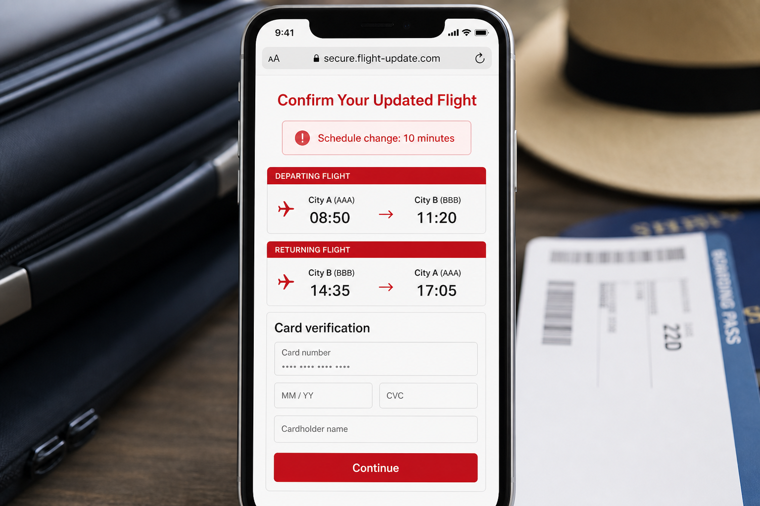 Fake Flight Update Text Scam Uses a Real Itinerary 2 Fake airline itinerary verification page requesting card details on a phone screen