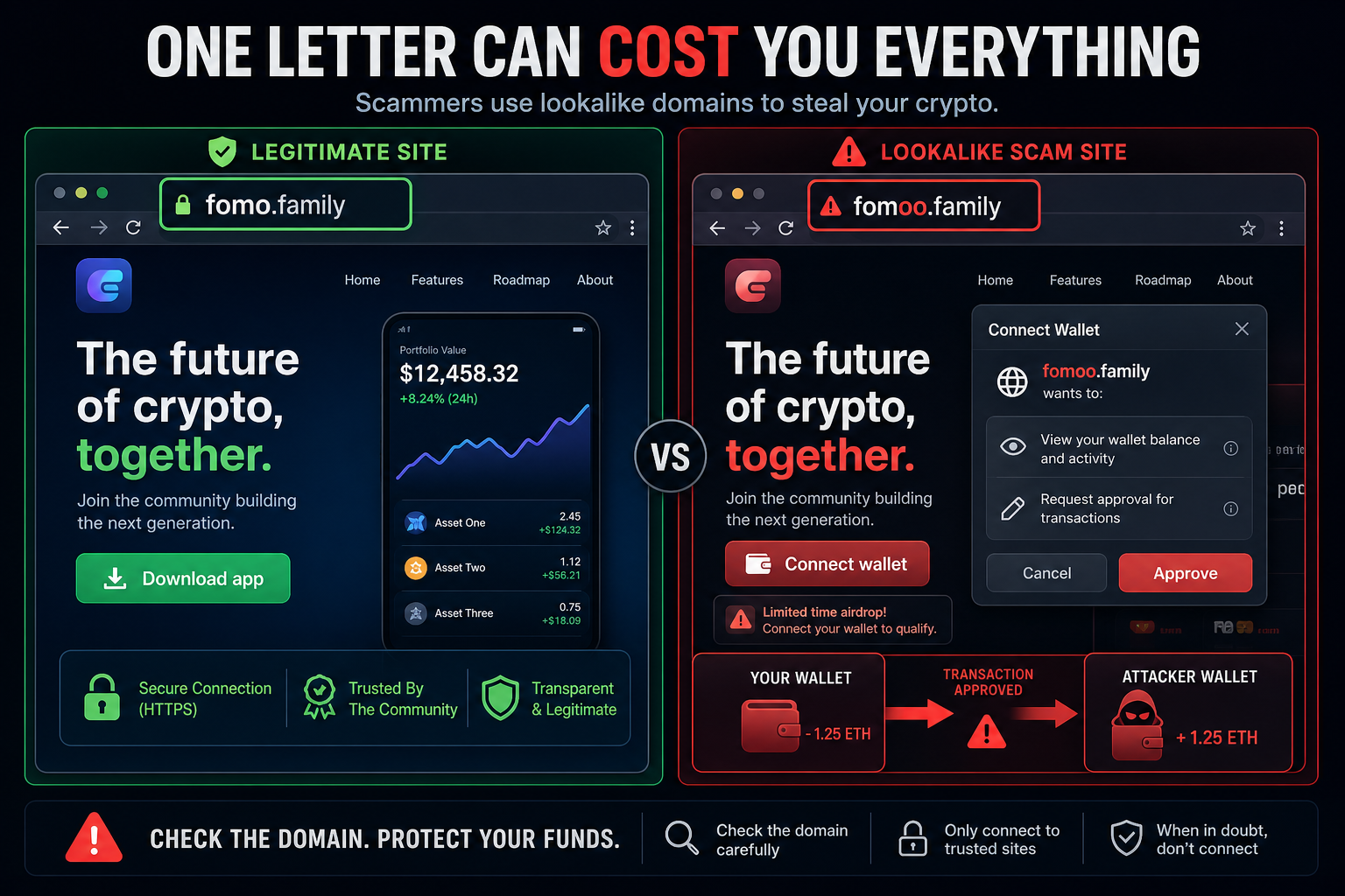 Fake Fomo Trading Platform Scam: How Fomoo.family Drains Connected Crypto Wallets 1 Comparison of fomo.family and the lookalike fomoo.family wallet drainer scam