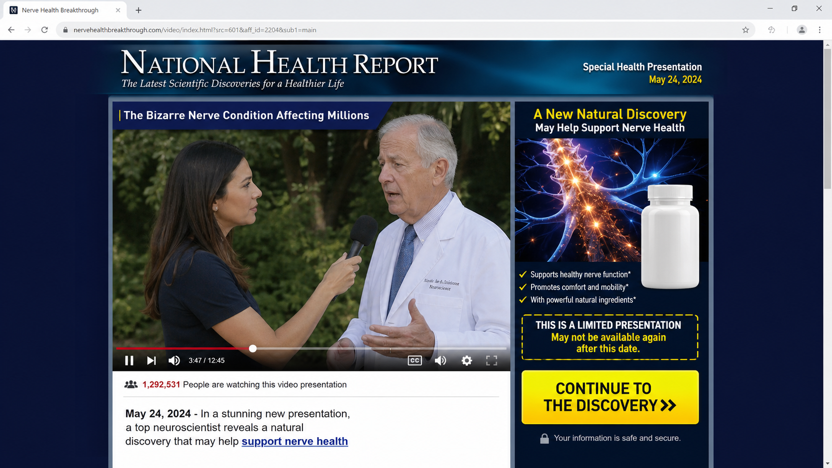 Fake Nerve Pain News Report Scam Uses AI Doctors to Sell Mystery Pills 2 Fictional television-style nerve health advertorial selling mystery supplements