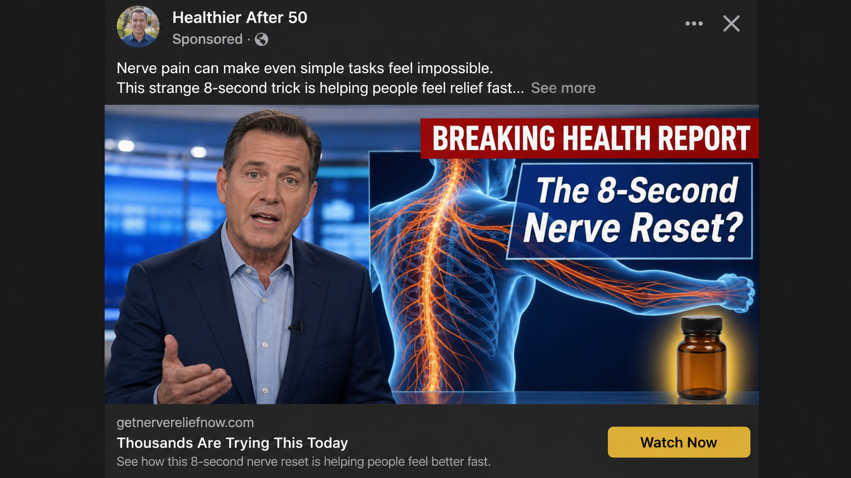 Fake Nerve Pain News Report Scam Uses AI Doctors to Sell Mystery Pills 1 Deceptive sponsored nerve pain ad with a fictional television presenter