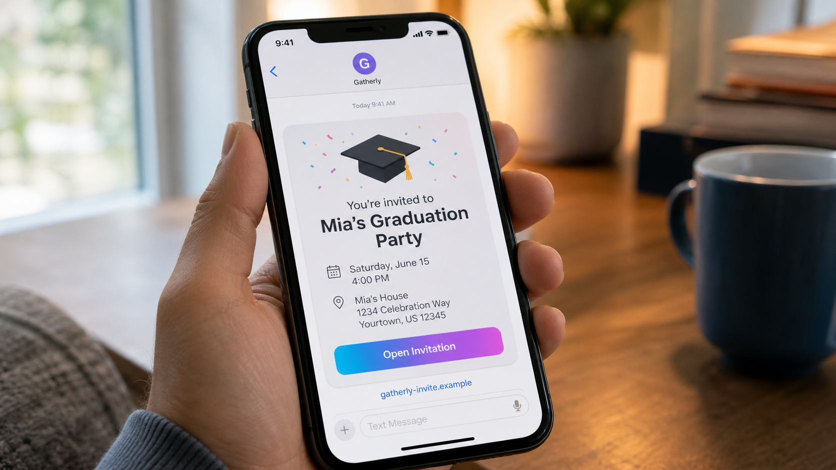 Realistic unexpected text containing a fictional graduation party invitation link