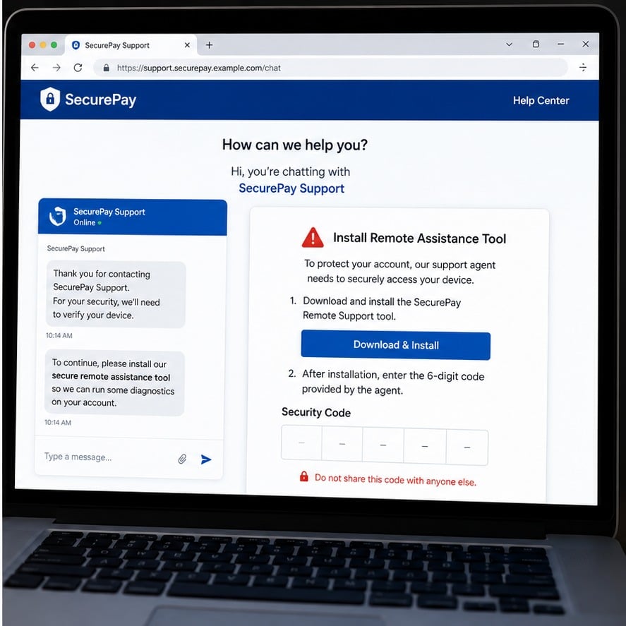 Kathleen Ryan PayPal Scam: Real Money Request Emails and Fake Support Calls 2 Fake payment support page asking the visitor to install a remote assistance tool