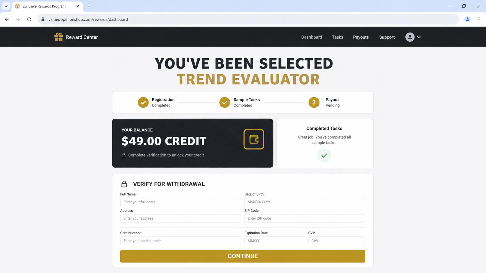 TikTok Rewards Scam Exposed: Fake Celebrity Program Fully Investigated 2 Deceptive trend evaluator page showing a $49 credit and requesting card details