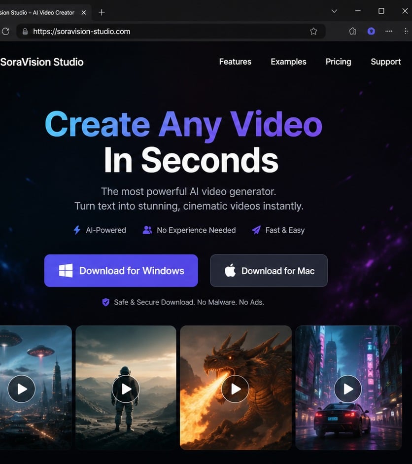 Fake OpenAI Sora Download Scam: Facebook Ads, Clone Sites and Malware Risk 2 Suspicious AI video software landing page offering Windows and Mac downloads