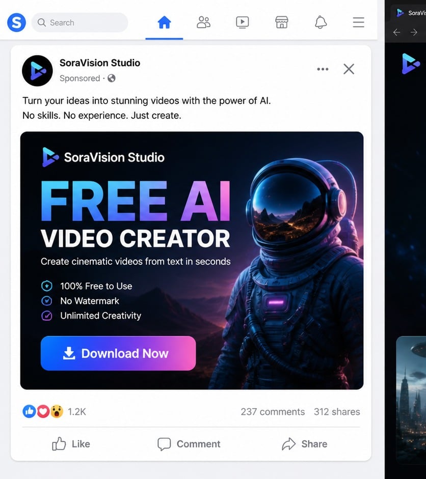 Fake OpenAI Sora Download Scam: Facebook Ads, Clone Sites and Malware Risk 1 Sponsored social media ad offering a free fictional AI video creator download