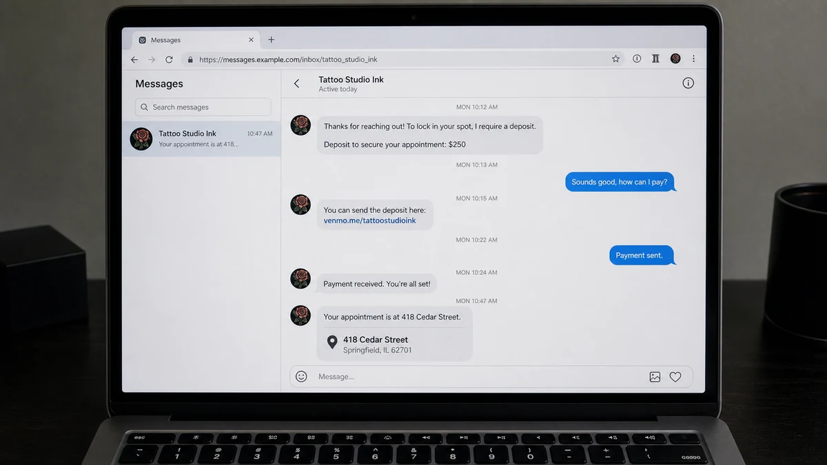 Fake Tattoo Artist Takes Deposits, Then Names a Real Shop 2 Realistic reconstruction of a tattoo booking chat requesting a $250 deposit before naming a real studio address
