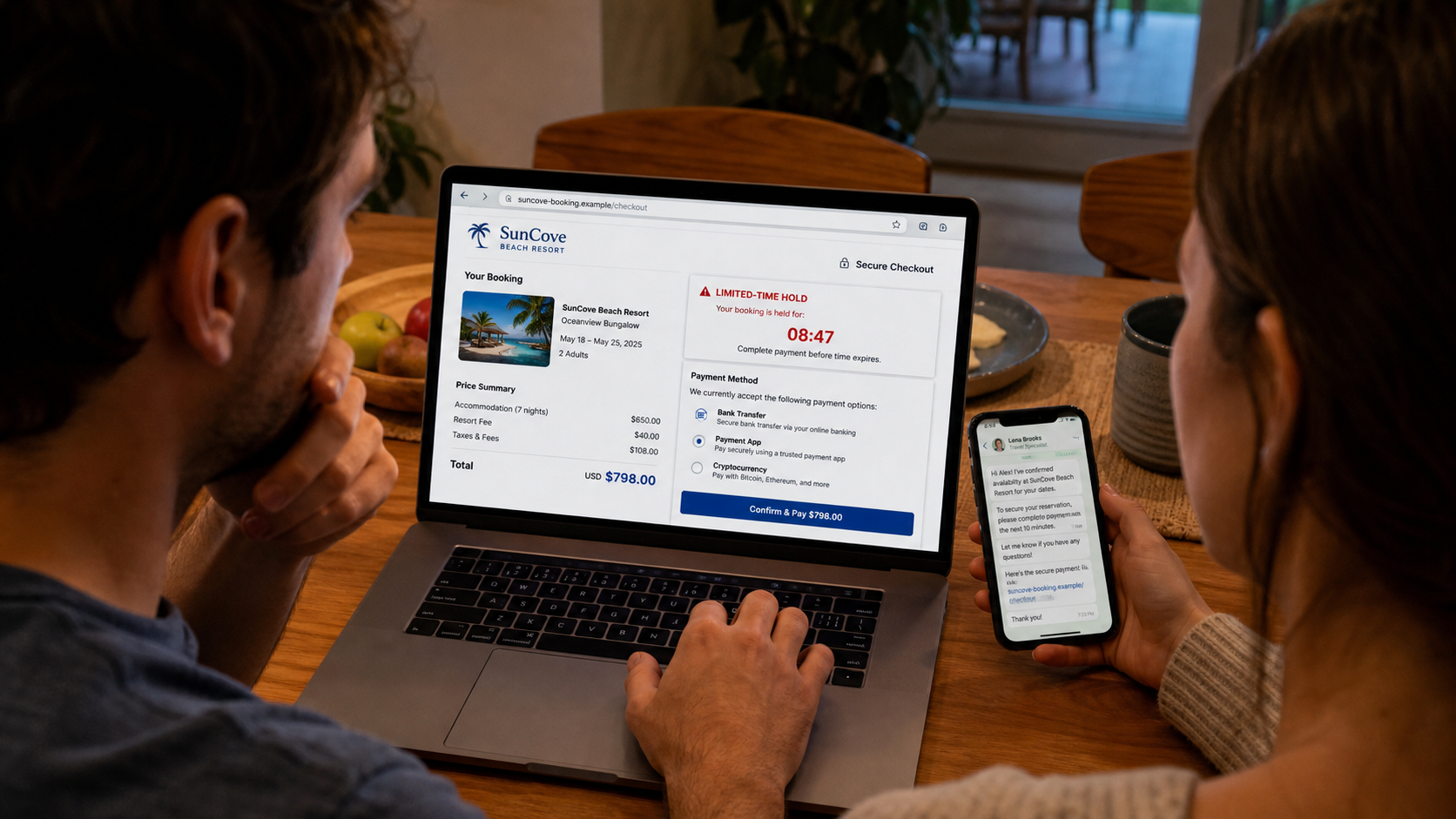 Couple reviewing a fake resort booking checkout that accepts only risky payment methods
