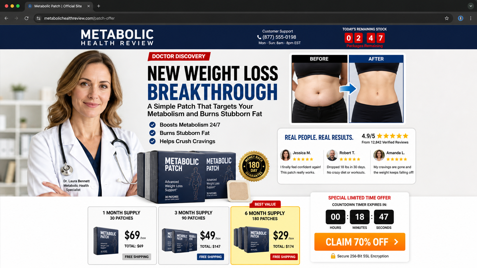 Fake Hospital Weight Loss Patch Scam Hides Costly Subscription Traps Online 2 Aggressive fictional weight loss patch landing page with packages and countdown