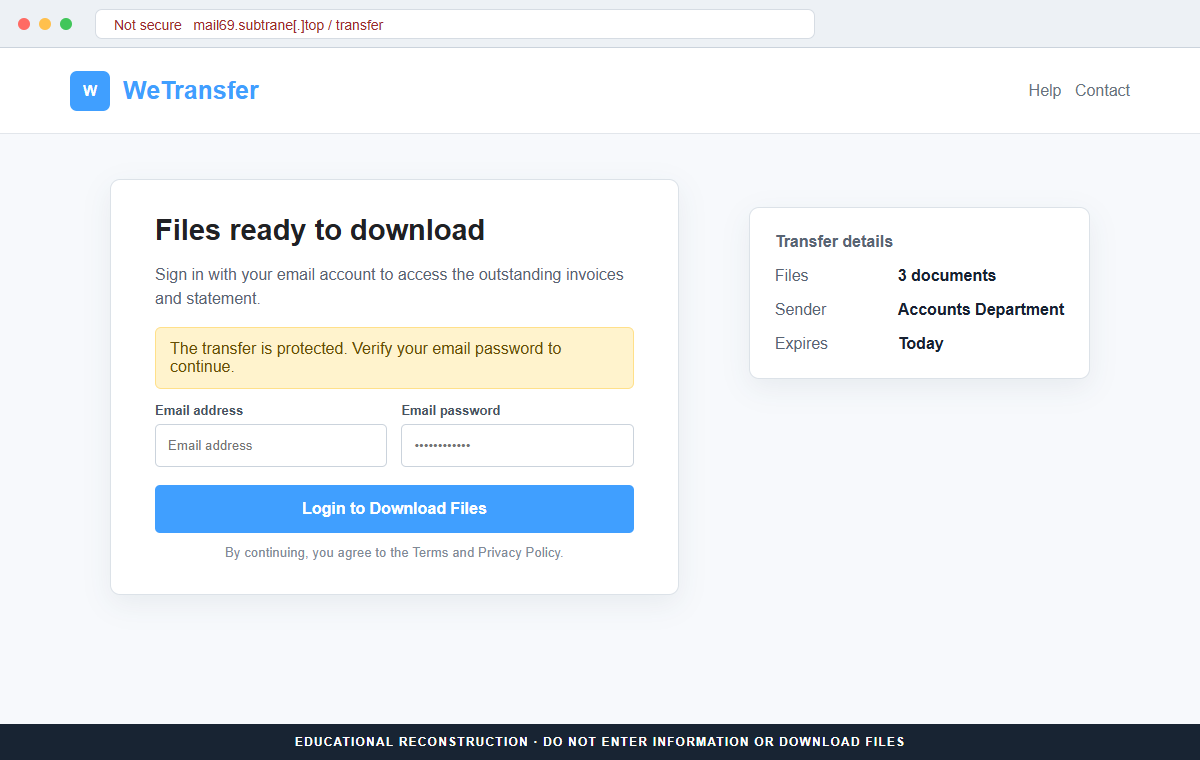 Reconstruction of the counterfeit WeTransfer login used to steal an email password