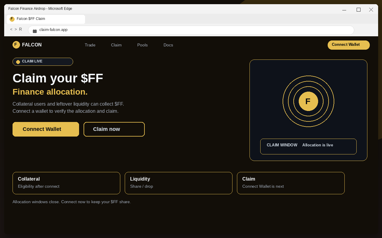 Falcon Airdrop EXPOSED: Fake $FF Claim Pages Drain Wallets 1 Fake Falcon Finance airdrop claim page with Connect Wallet