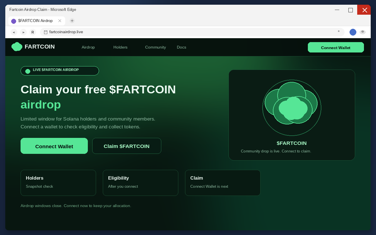 Fartcoin Airdrop EXPOSED: Fake Claim Pages Drain Wallets 1 Fake Fartcoin airdrop claim page with Connect Wallet