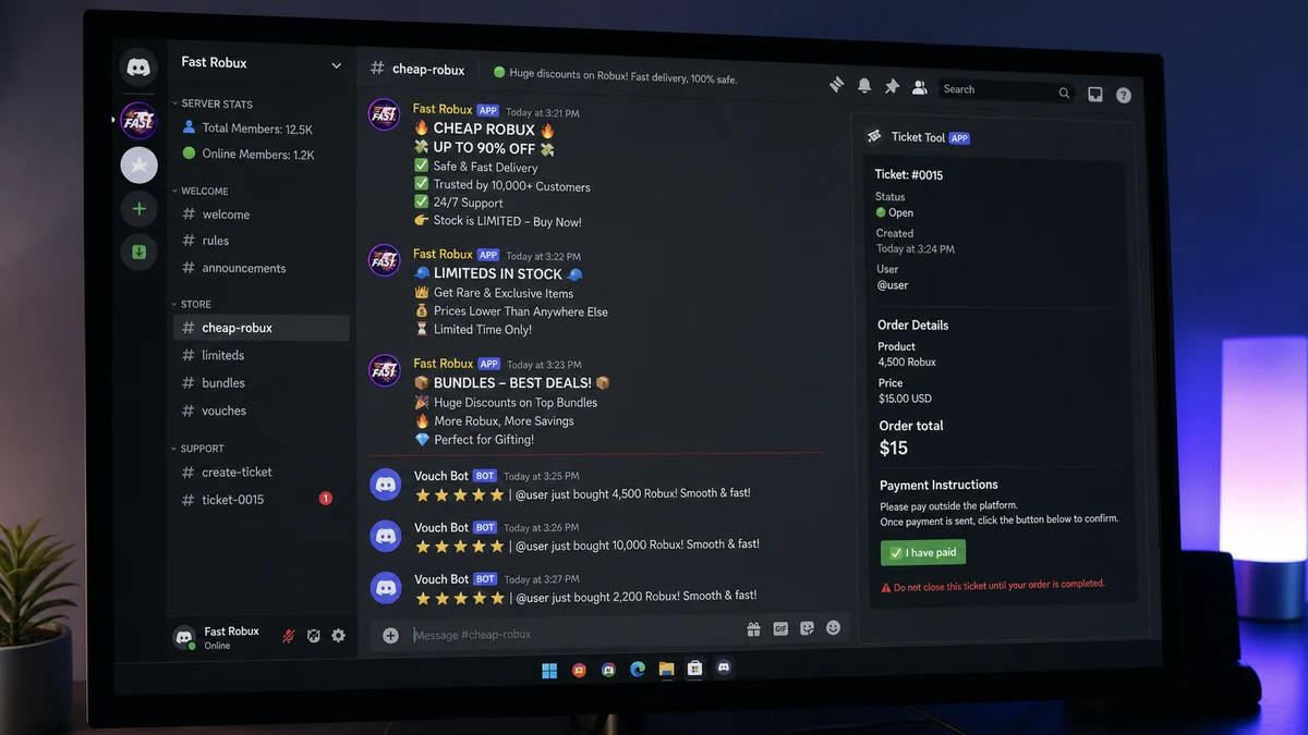Cheap Robux Discord Scam Keeps Asking for More Money 1 Realistic reconstruction of a Fast Robux gaming server offering cheap Robux with repetitive proof messages and off-platform payment