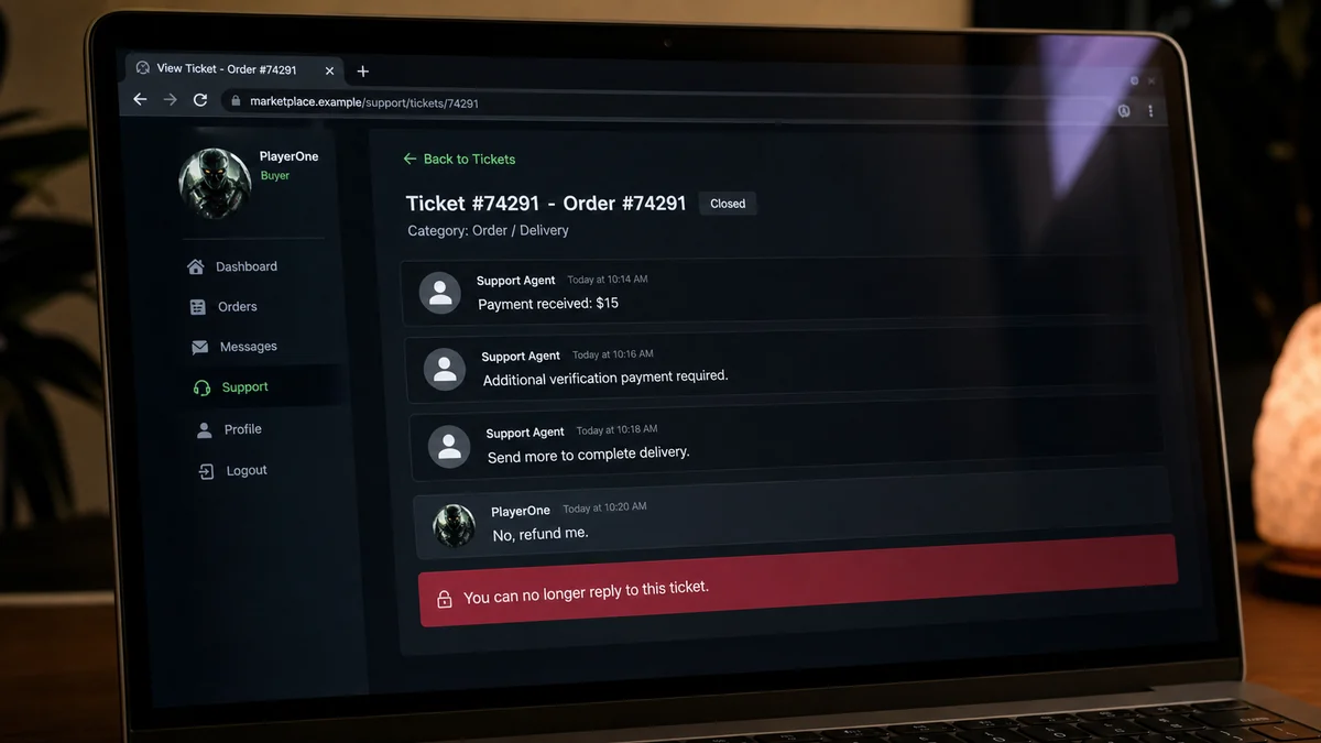 Cheap Robux Discord Scam Keeps Asking for More Money 2 Realistic reconstruction of a cheap Robux order demanding an additional verification payment before blocking the buyer