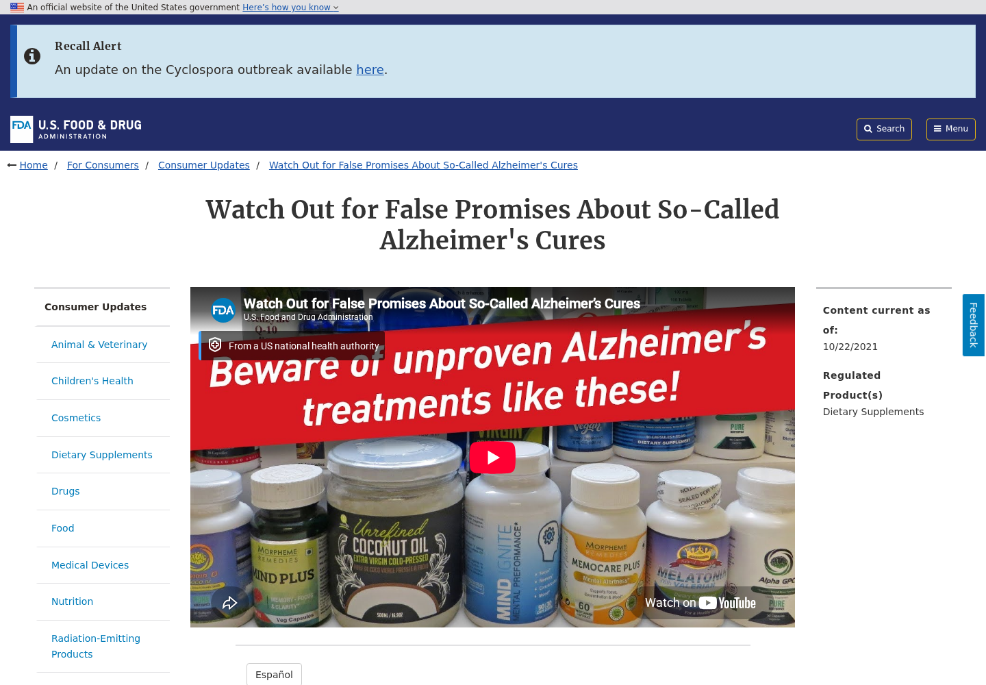 Dr Peter Attia Memory Cure Scam: Fake “60 Minutes” Ad 2 FDA warning page about false promises involving so-called Alzheimer cures