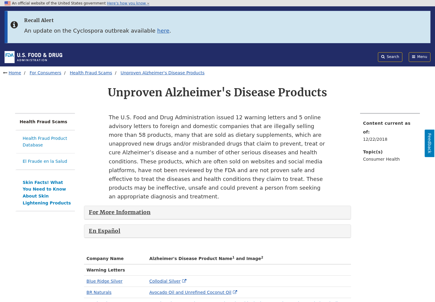 FDA warning page about unproven products claiming to treat Alzheimer's disease