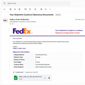 Reconstruction of a fake FedEx e-Order email about customs clearance documents