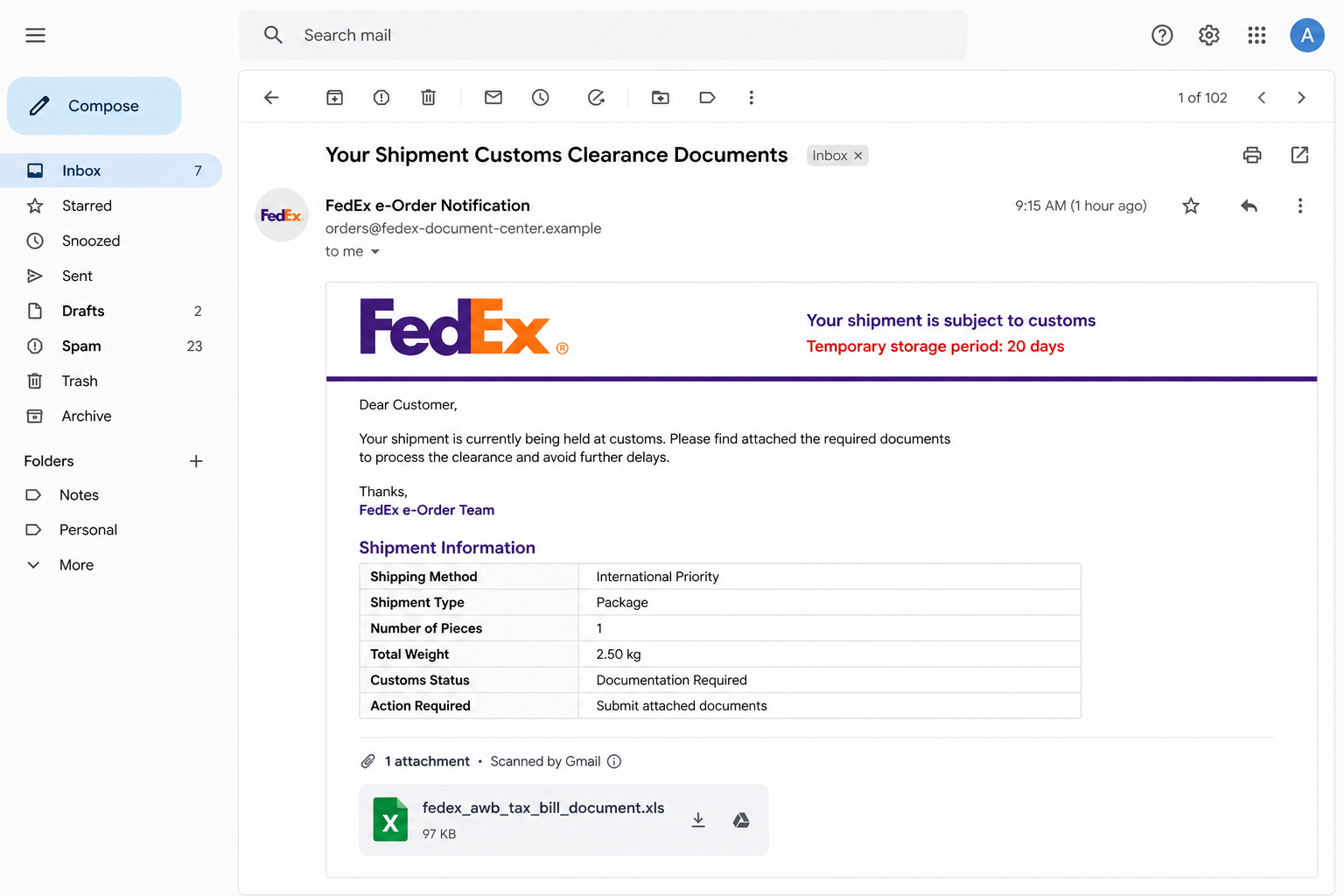 FedEx e-Order Email Scam Hides Malware Inside a Fake Customs Spreadsheet 1 Reconstruction of a fake FedEx e-Order email about customs clearance documents