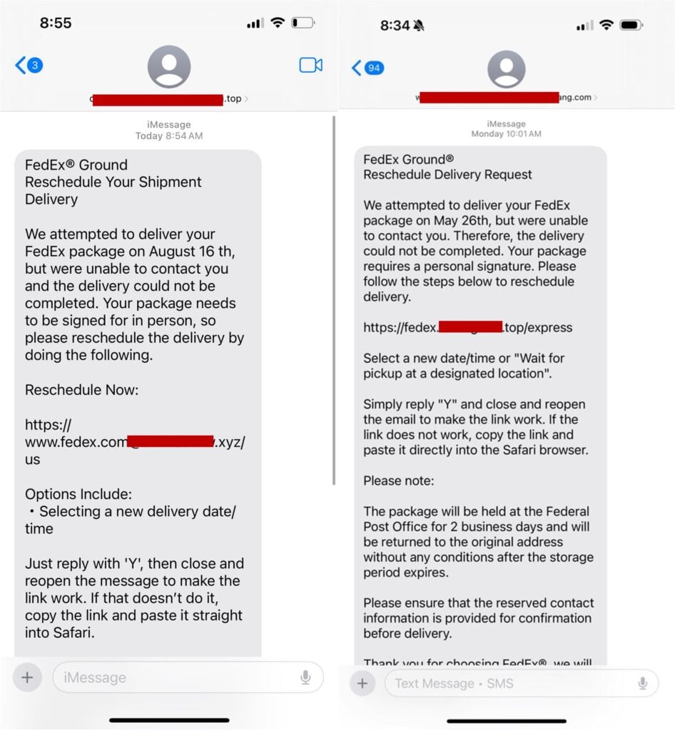 FedEx Ground Text Scam: Fake Redelivery Fee Trap 1 Fake FedEx Ground package redelivery text messages with deceptive links