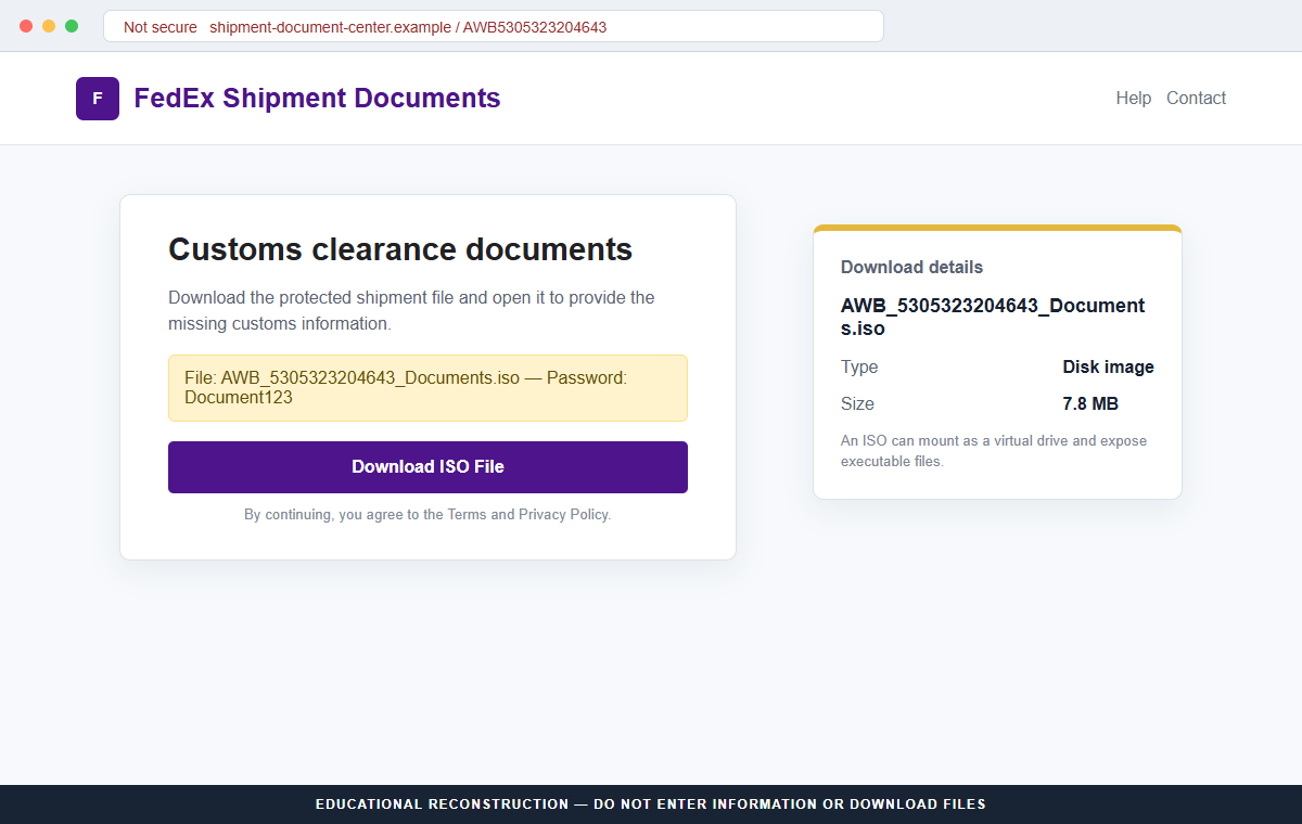 Reconstruction of the FedEx scam page downloading a shipment document ISO file