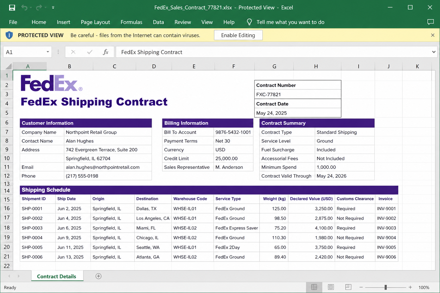 FedEx e-Order Email Scam Hides Malware Inside a Fake Customs Spreadsheet 2 Reconstruction of a suspicious FedEx spreadsheet opened in Protected View