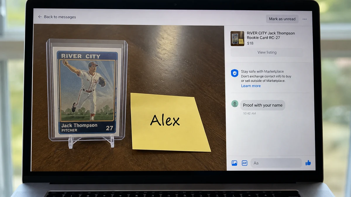 Fake FedEx Tracking Scam Delivers to Another House 1 Realistic reconstruction of a marketplace baseball-card proof photo with a buyer's name appearing on a sticky note
