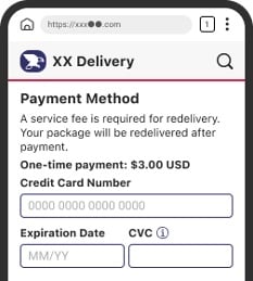 FedEx Ground Text Scam: Fake Redelivery Fee Trap 3 Fake delivery redelivery payment page asking for credit card details and a .00 fee
