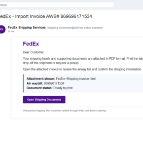 Reconstruction of the fake FedEx shipping labels and documents email