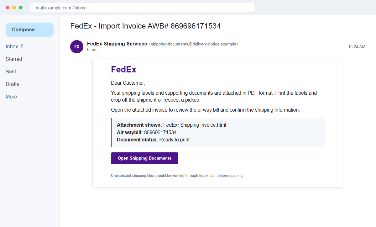 FedEx Shipping Labels PDF Email Scam Can Steal Your Company Email Password 1 Reconstruction of the fake FedEx shipping labels and documents email