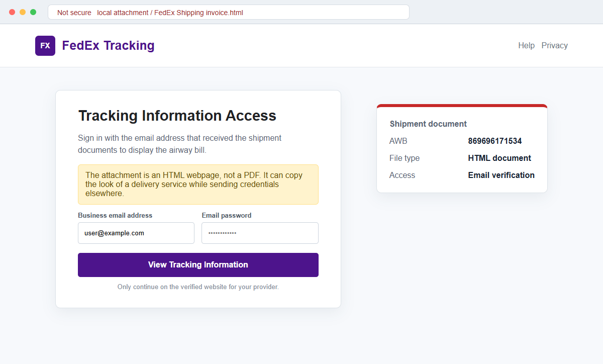 FedEx Shipping Labels PDF Email Scam Can Steal Your Company Email Password 2 Reconstruction of the Tracking Information Access page requesting an email password