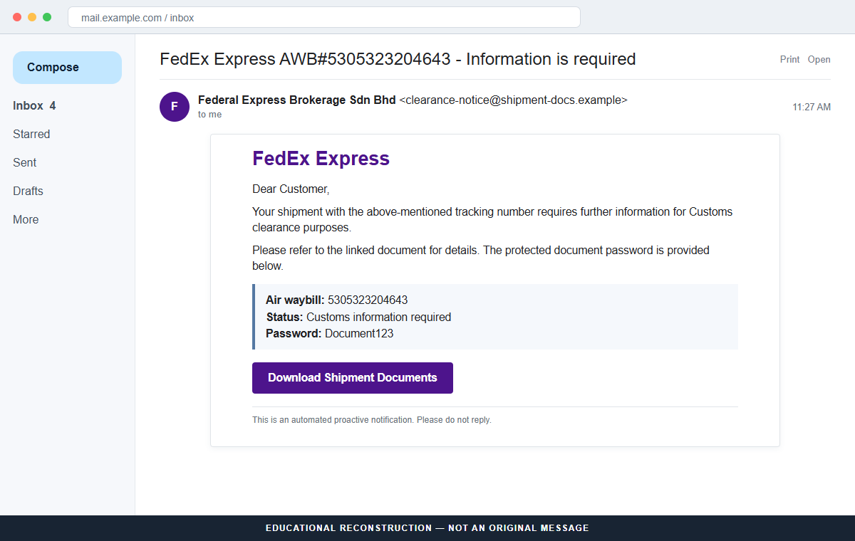 Reconstruction of the FedEx Tracking Information email scam with an air waybill and customs request