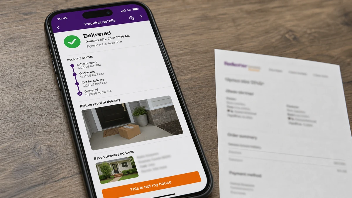 Fake FedEx Tracking Scam Delivers to Another House 2 Realistic reconstruction of a delivered parcel tracking page whose proof photo shows a different house from the saved address