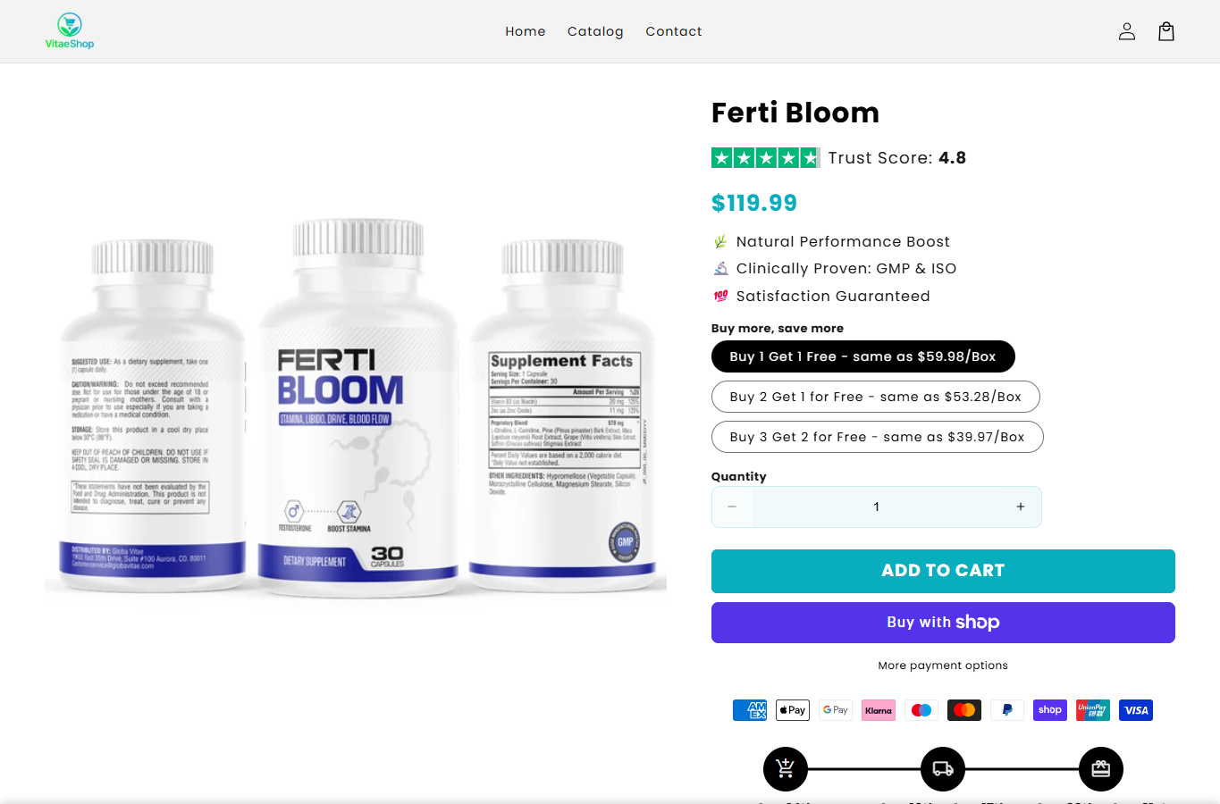 Ferti Bloom product page with male wellness claims and bundle prices