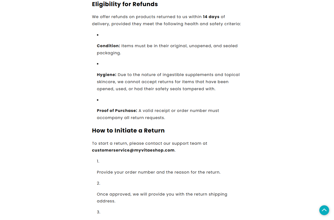 My Vitae Shop refund policy limiting returns to unopened products within 14 days