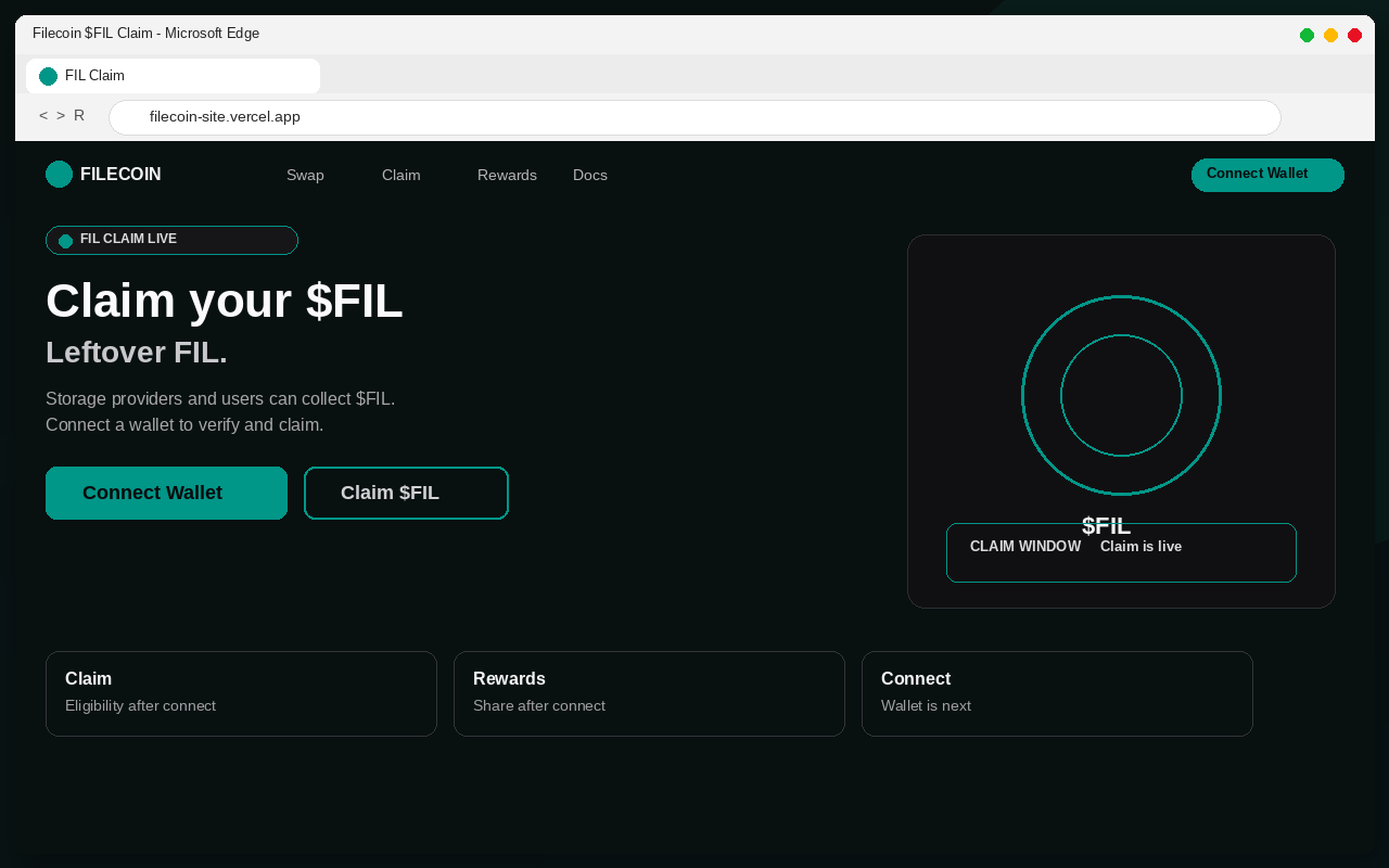 Fake Filecoin $FIL airdrop claim page with Connect Wallet