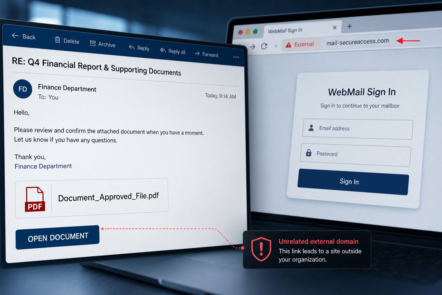 Finance Department Secure File Email Scam: How a Fake PDF Steals Your Login 1 Fake Finance Department secure-file email and phishing login page