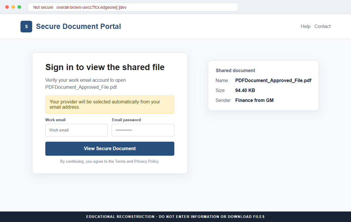 Reconstruction of the adaptive fake email login used by the Finance Department secure file scam