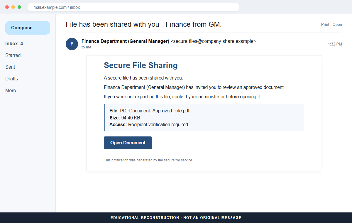 Reconstruction of the Finance Department secure file email scam claiming the general manager shared a PDF