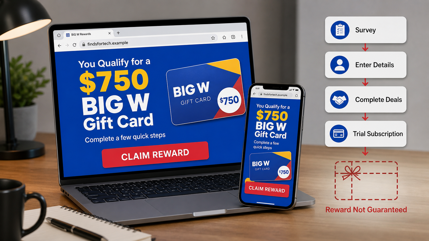 Example of a FindsForTech $750 BIG W gift card reward funnel