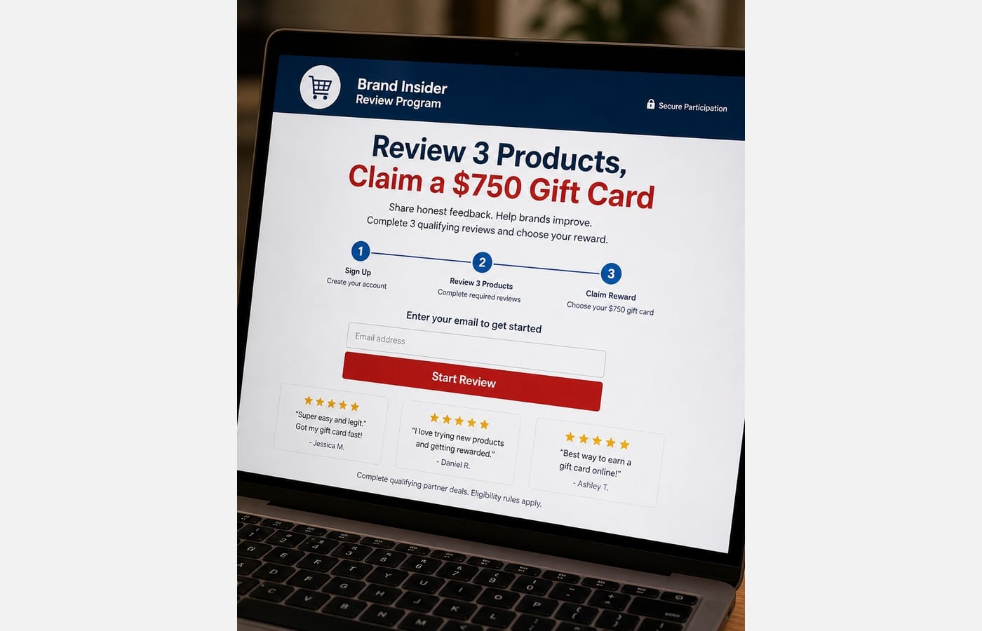 Fired Employee Review Secret Scam: Fake $750 Gift Card Whistleblower Trap 2 Editorial reconstruction of a $750 product review reward landing page