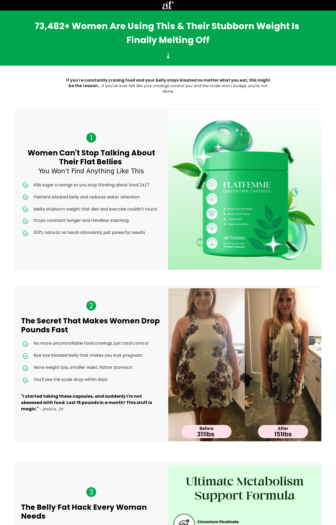 Flat Femme sales page claiming cravings control, rapid weight loss, and scale changes within days