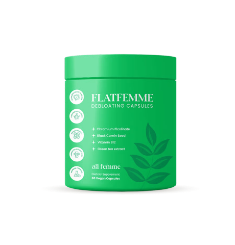 Flat Belly Metabolism Capsules Exposed: Fake or Real? Full Investigation 2 FlatFemme debloating capsules bottle with listed supplement ingredients