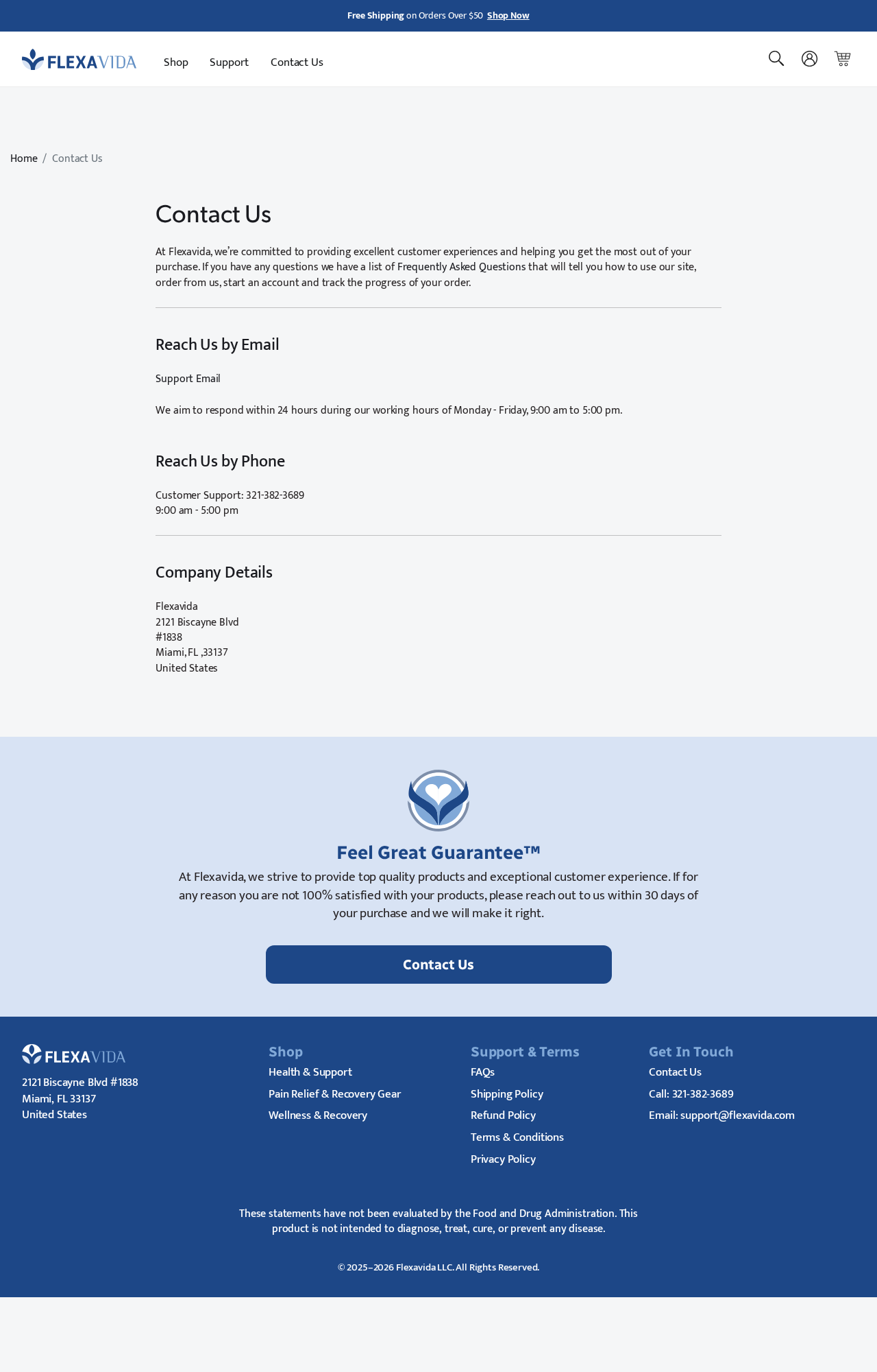 Fake Doctor Diabetes Drops Scam Exposed: Full Investigation and Warning 3 Flexavida contact page showing its phone number, Miami address, and 30-day guarantee language