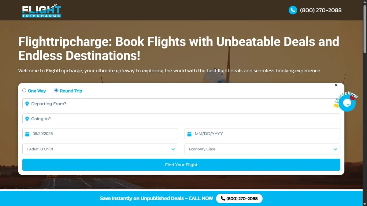 Flight Trip Charge Scam Hijacks Airline Help Searches 1 Live Flighttripcharge website showing its booking form and support phone number