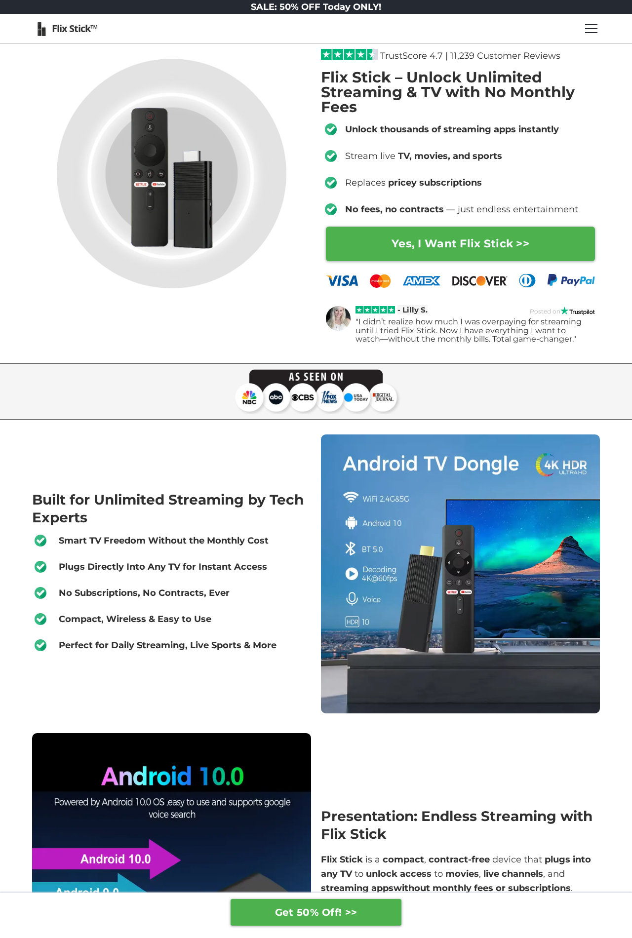 Flix Stick sales page promising streaming access with no monthly fees