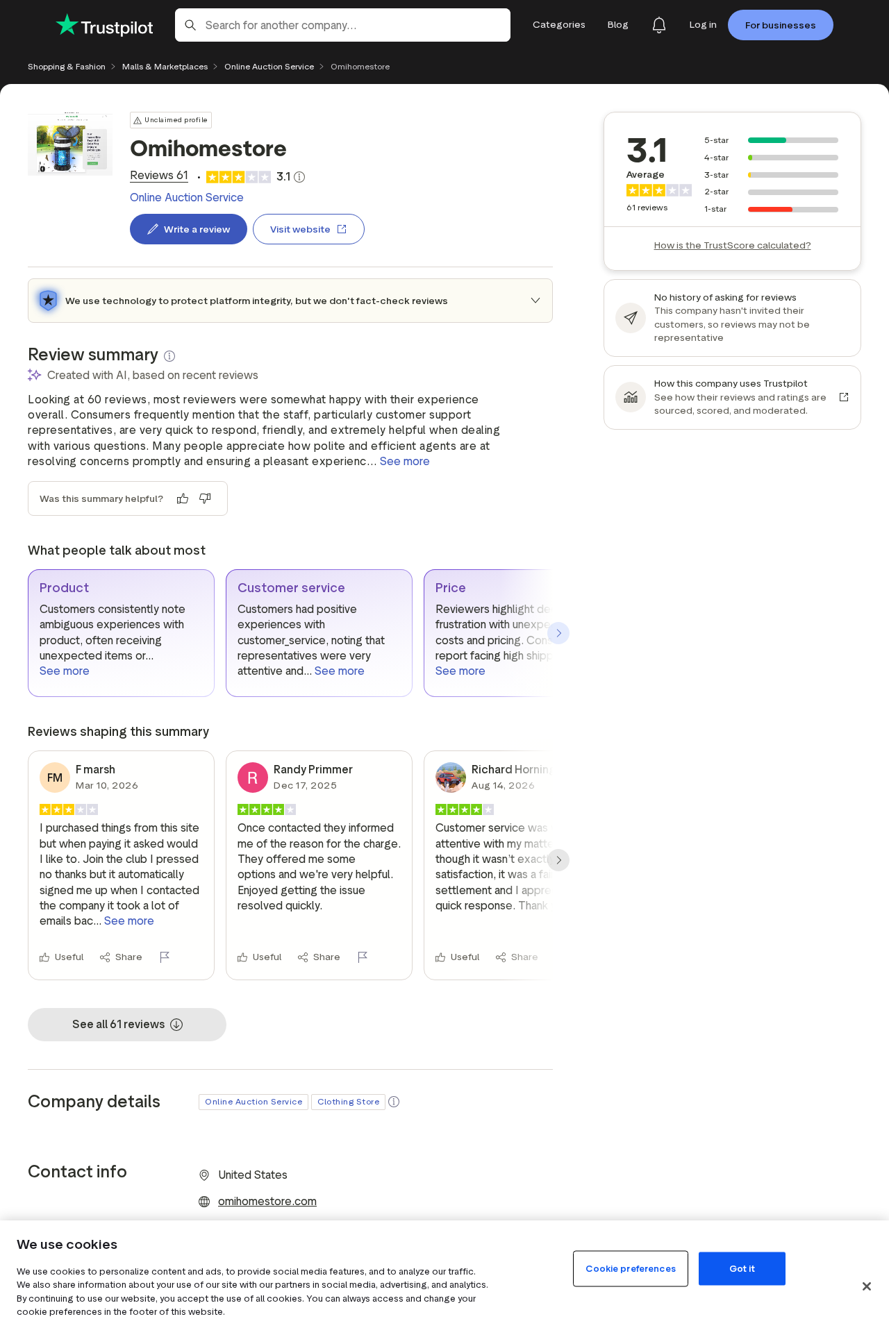 Trustpilot profile for Omi Home showing customer ratings and reviews about products and charges