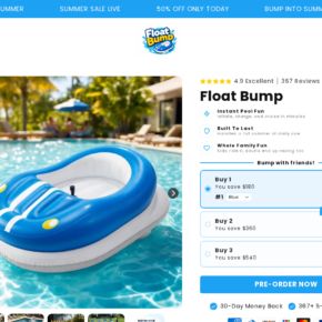 Screenshot of Floatbump.com advertising the Float Bump motorized pool boat
