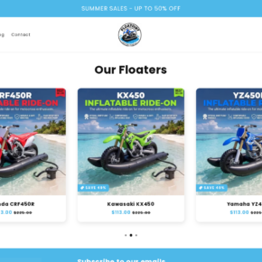 Screenshot of the Floatdirt.store catalog advertising inflatable dirt bike ride-ons