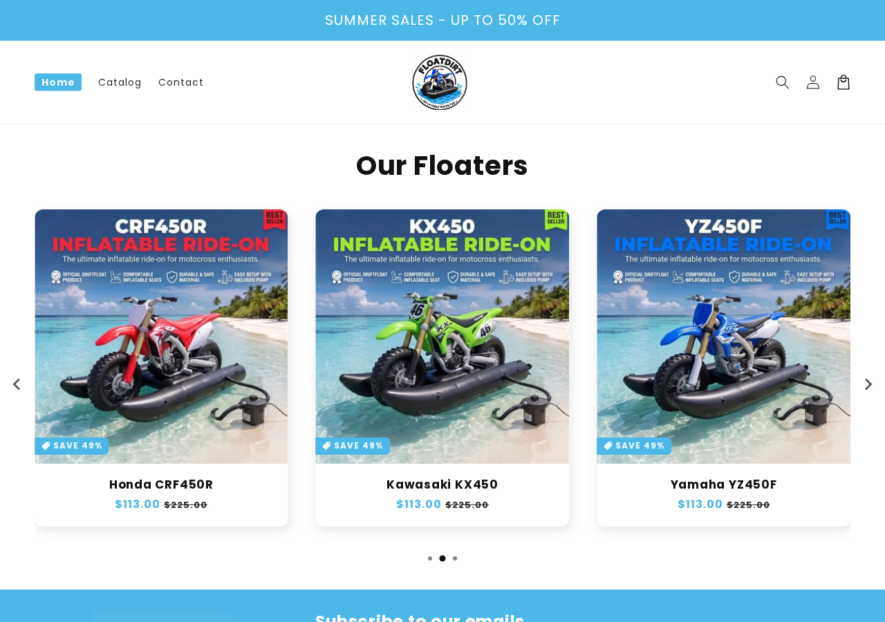 Floatdirt Bike Scam: The Fake Motorized Dirt Bike Float Explained 1 Screenshot of the Floatdirt.store catalog advertising inflatable dirt bike ride-ons