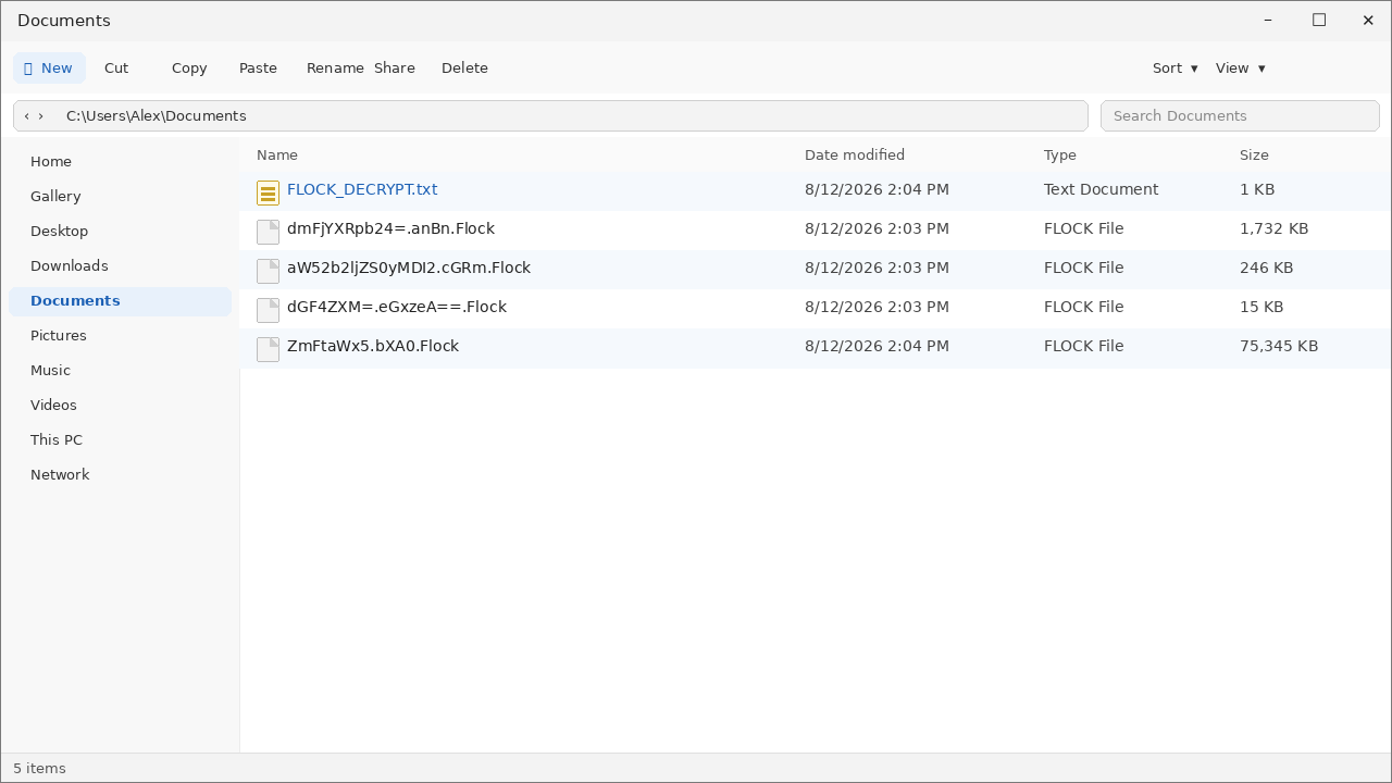 Encrypted files after FLocker. The .Flock names and FLOCK_DECRYPT.txt are the tell.